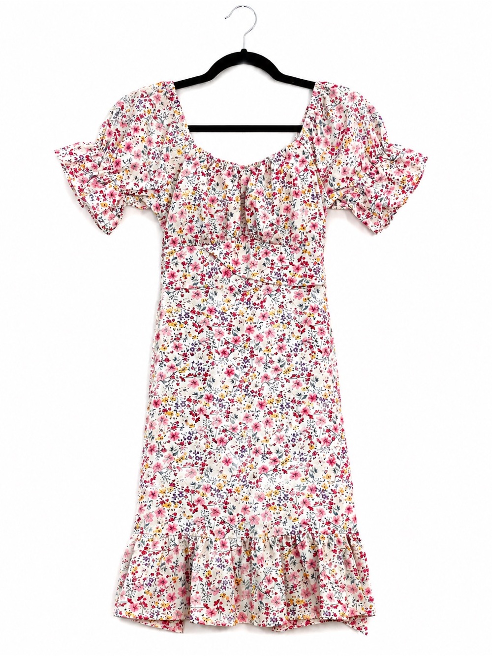 Floral Puff-Sleeve Midi Dress in Pink Floral Sz Small